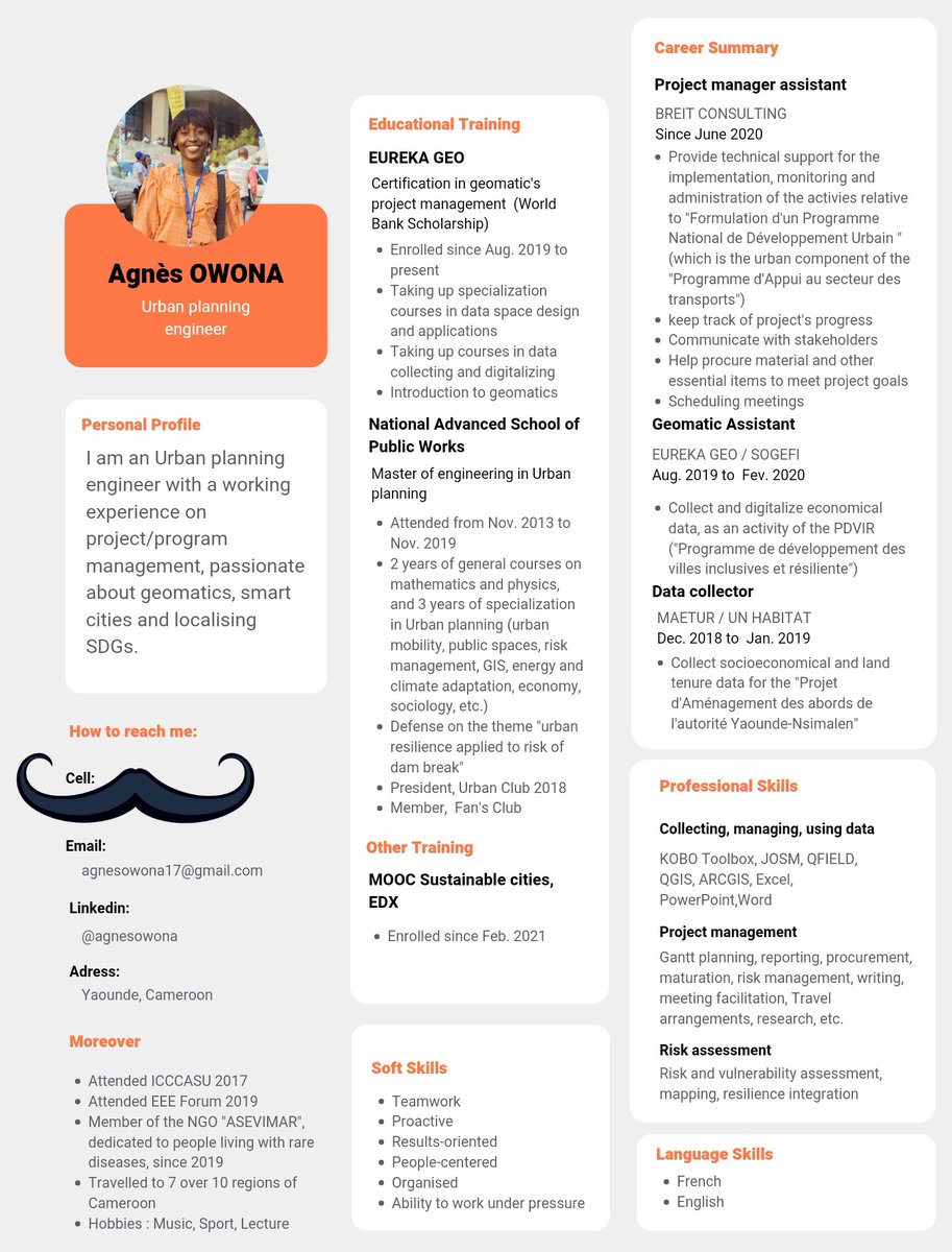 agnes_owona's tweet photo. Puisque l'actualité est au #CV je dépose le mien ici 👇🏾
Contactez moi pour tous projets d'aménagement (aire de jeux, parc, espace de loisir, projet immobilier, etc.). Je pourrai en assurer aussi bien la conception (rédaction des TDR) et le suivi. 
Like - Comment - Share 😊 https://t.co/etwIuTtpef