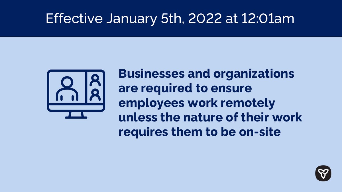 Employers must ensure that employees work remotely when possible. Working remotely will help limit close contact and prevent the spread of #COVID19.

Learn more: covid-19.ontario.ca/public-health-…