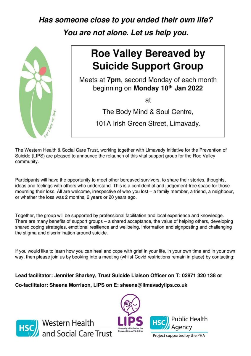 LipsSuicidePrev's tweet photo. Has someone close to you ended their own life? You are not alone! We are pleased to be working together with @WesternHSCTrust in the relaunch this vital support group for the Roe Valley #Bereavedbysuicide #SupportGroup #Postventionsupport https://t.co/uTWZP11kFn