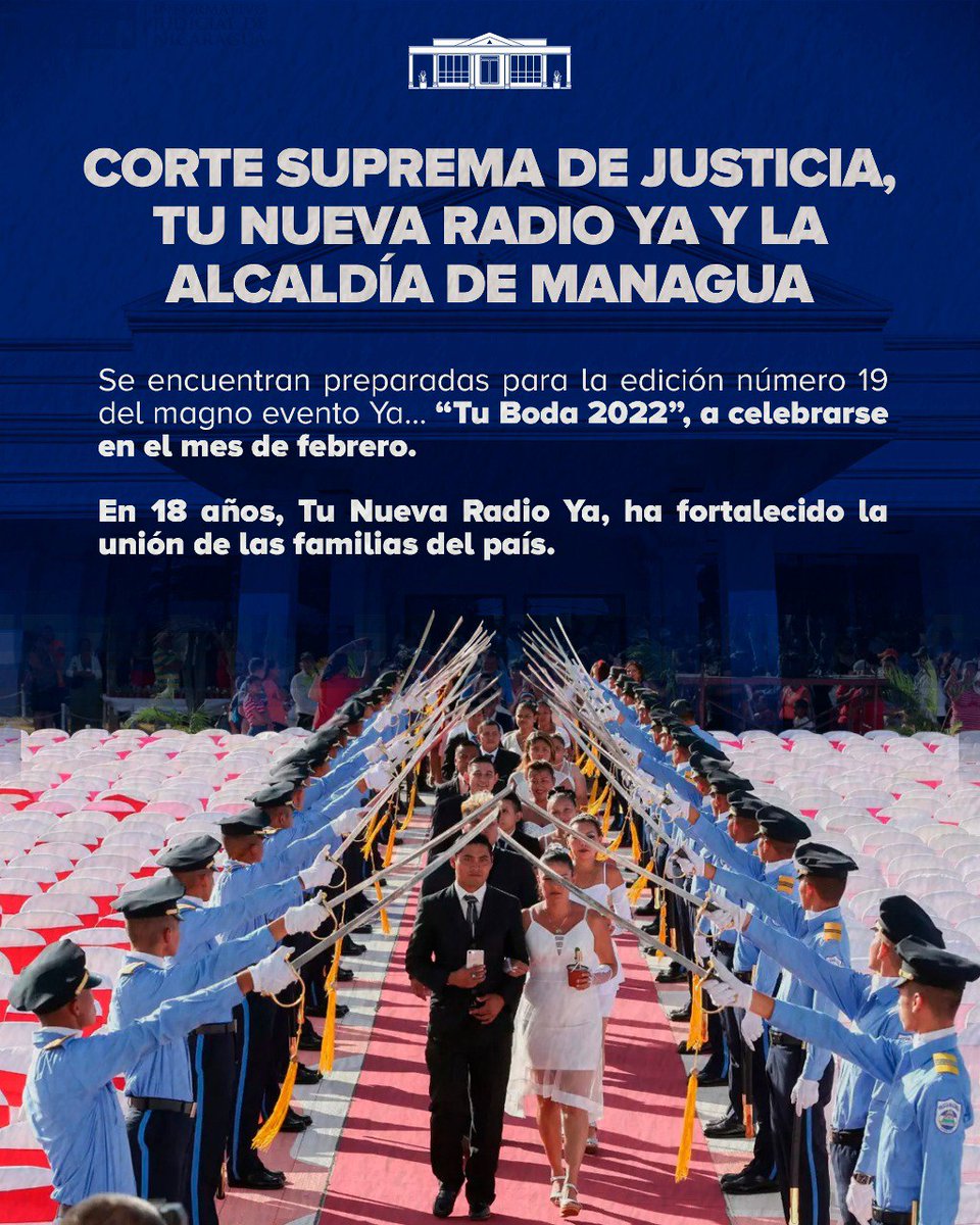 #InformativoJudNic| La CSJ, junto con la Alcaldía de #Managua y Tú Nueva Radio Ya, están preparados para la Decimonovena edición "Tu Boda 2022",  a celebrarse en el mes de febrero, con el fin de seguir promoviendo la unión de las familias en nuestro país. 🇳🇮👰‍♀️🤵