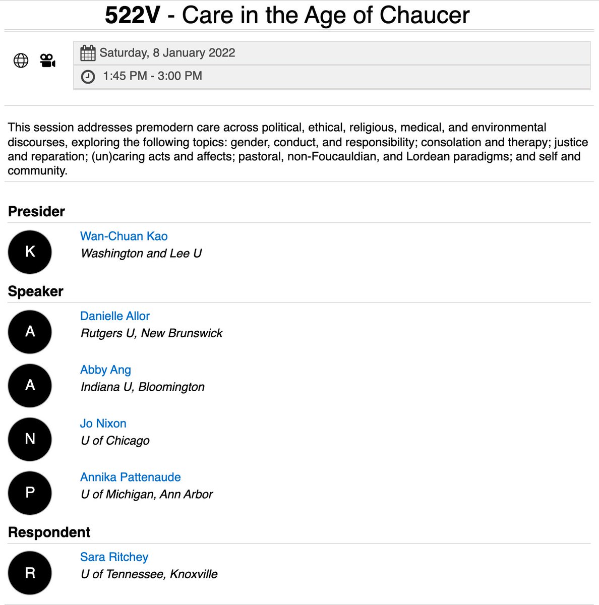 Deciding on which #MLA22 panels to attend? The Chaucer forum has two virtual sessions!

Thursday, 1/6 @ 12-1:15 "Atmospheric Chaucer" (24v) mla.confex.com/mla/2022/meeti…

Saturday, 1/8 @ 1:45-3 "Care in the Age of Chaucer" (522v)
mla.confex.com/mla/2022/meeti…