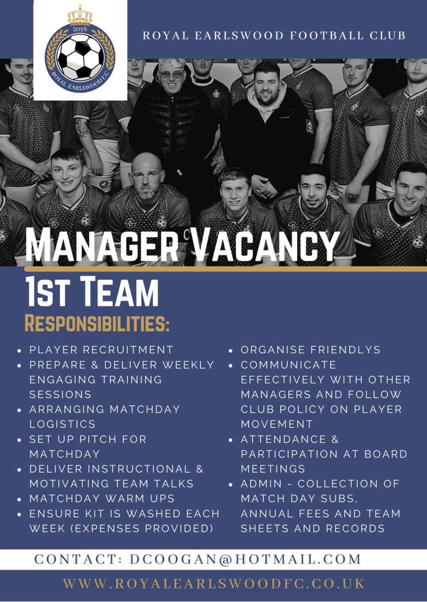 Managerial vacancy for season 2022-23. If interested please email our chairman Dave dcoogan@hotmail.co.uk