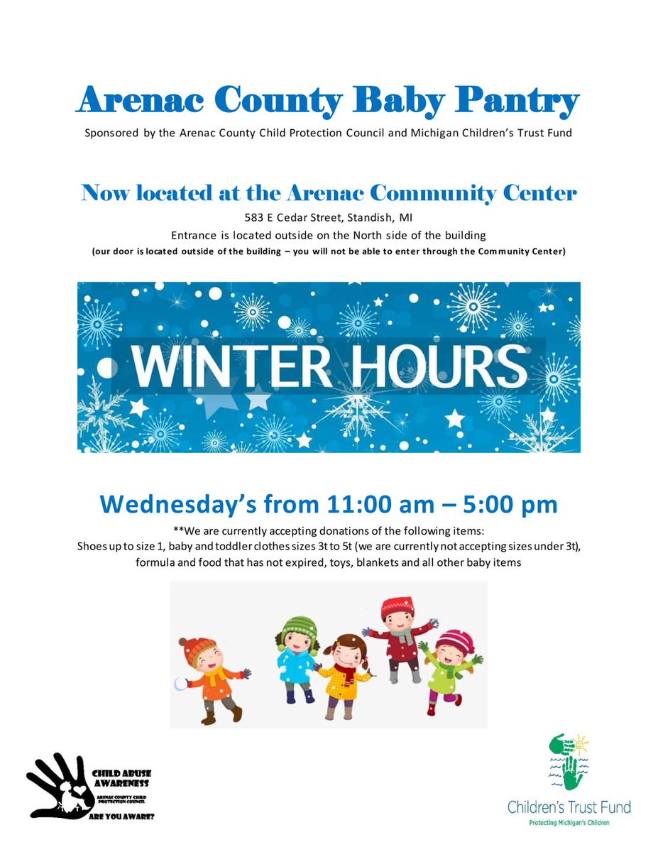 BAGreatStart's tweet photo. ARENAC COUNTY - Baby clothes, diapers, and supplies are available at the Arenac Community Center in #standishmi on Wednesdays at 11 am - 5 pm. https://t.co/PL6NID8Lqi