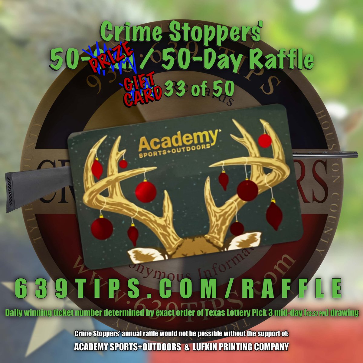 639tips's tweet image. 50-Prize/50-Day Raffle
Day 33 (Jan 05)
Winner: 444
Prize: $216.49 Academy Sports+Outdoors gift card
Winner will receive email with instructions for claiming Academy Sports+Outdoors gift card.
#639TIPS #50Prizes50Days #17ToGo