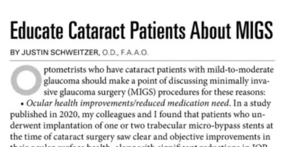 Leading Off: Educate Cataract Patients About Migs
By Justin Schweitzer, OD, FAAO
Optometric Management November 2021 

Follow Link: ow.ly/xNpT50HmUVZ
 
<a href="/OptoManagement/">OptometricManagement</a> 
#glaucoma #cataract #migs #IntrepidEyeSociety