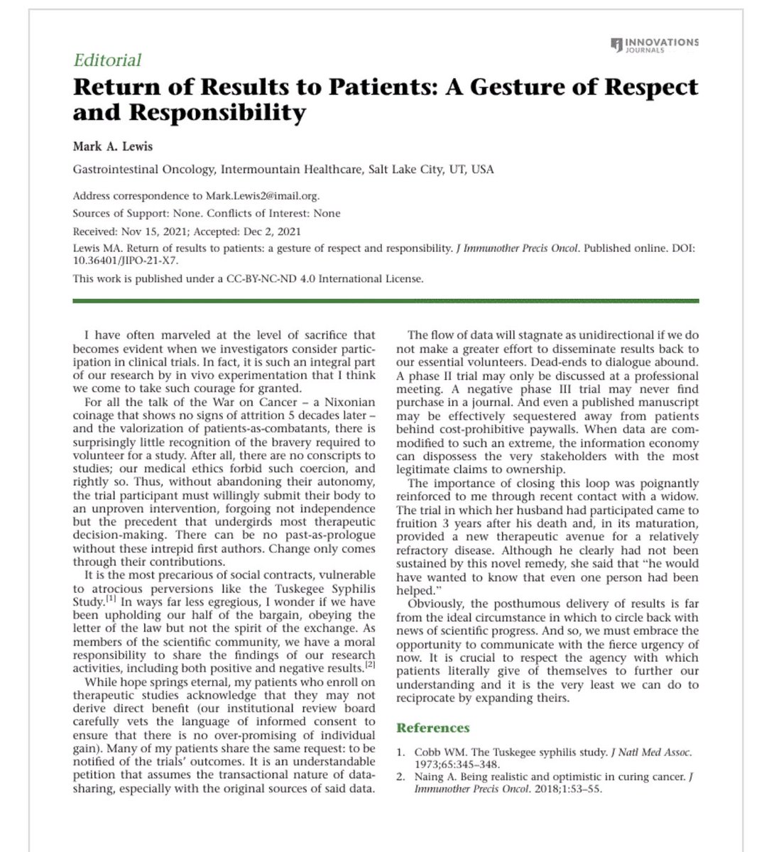 Important editorial by Mark Lewis in Journal of Immunotherapy and Precision Oncology. JIPO.