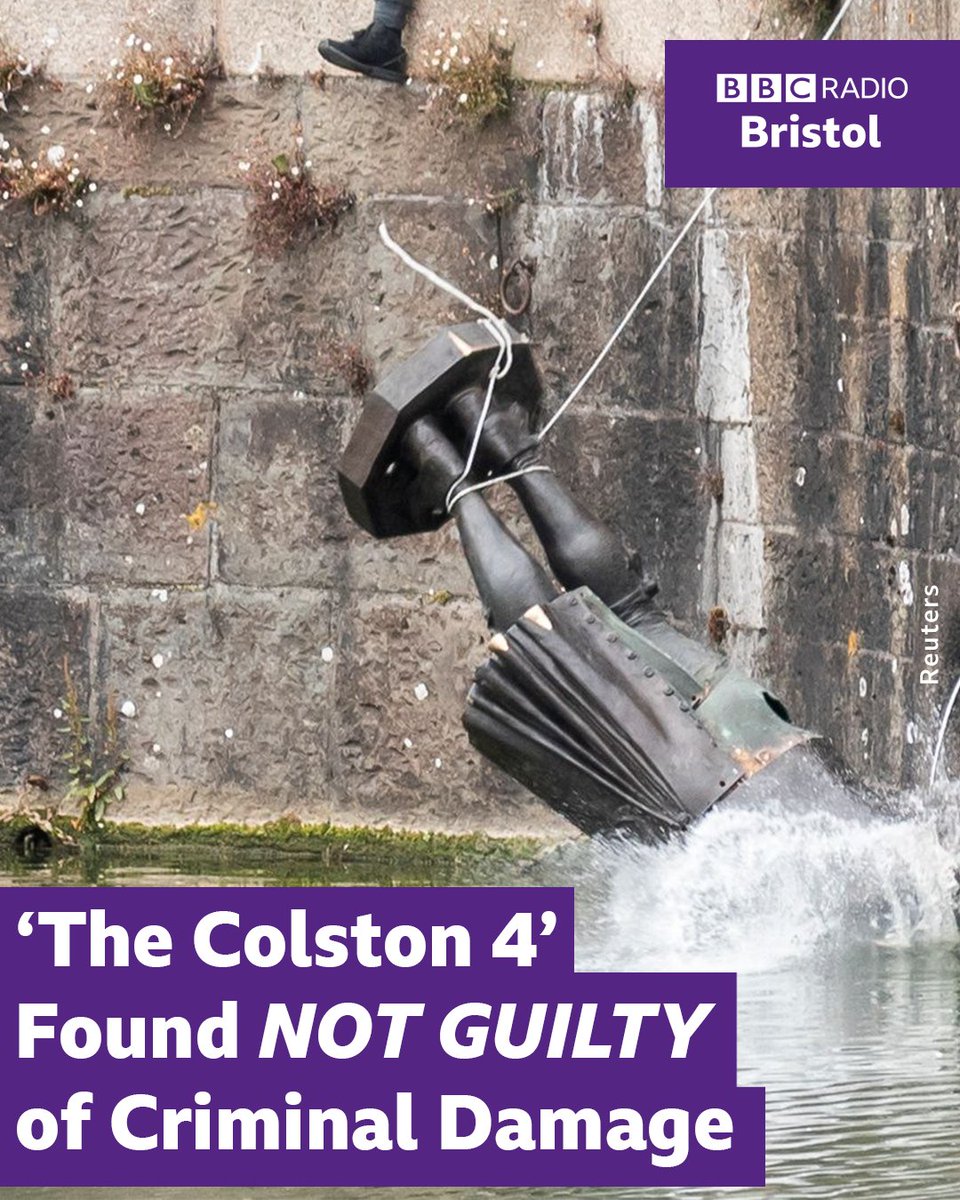 BREAKING: The four people accused of toppling the statue of Edward Colston in #Bristol have been found NOT GUILTY of criminal damage. 

Rhian Graham, 30, Milo Ponsford, 26, Jake Skuse, 33 and Sage Willoughby, 22 became known as the 'Colston 4’.