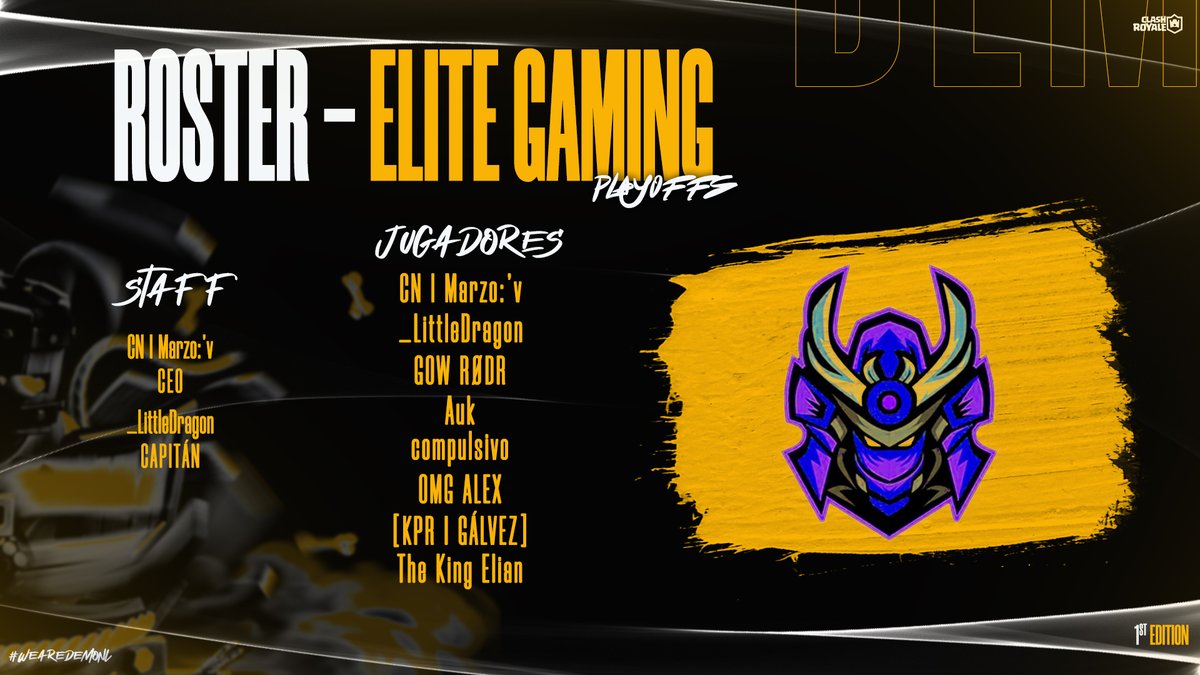 #ClashRoyale | 🛑 Presentación 🛑

Comenzamos con los Playoffs y presentamos al roster del equipo <a href="/Elt_gamingCR/">Elite Gaming 🔥</a> que estará participando en esta fase. Les deseamos mucha suerte =)

Apoya a #EliteG en los comentarios 
#WeAreDemon
