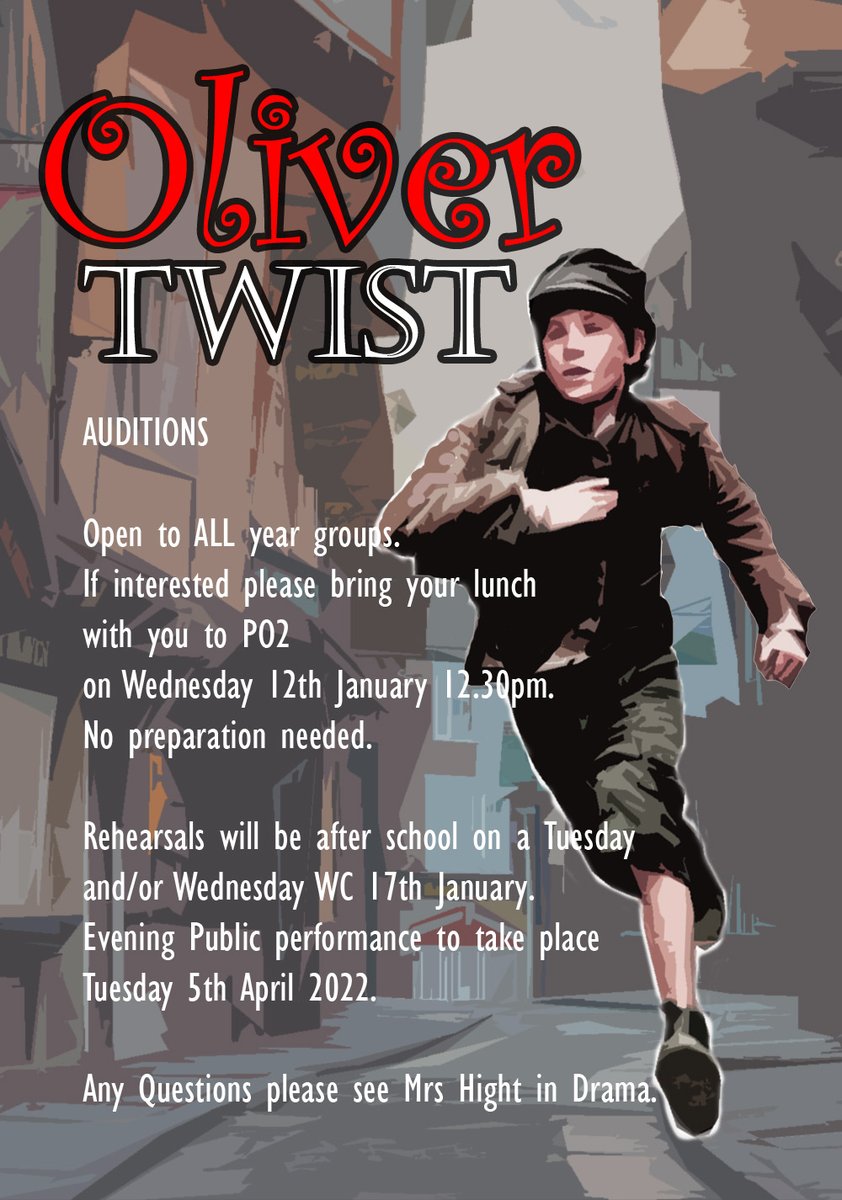 Look who is coming to school...
Are you ready for the auditions for the new school production?
Read the post and check with Mrs Hight.
#schoolproduction #york #theatreproduction #oliver #drama