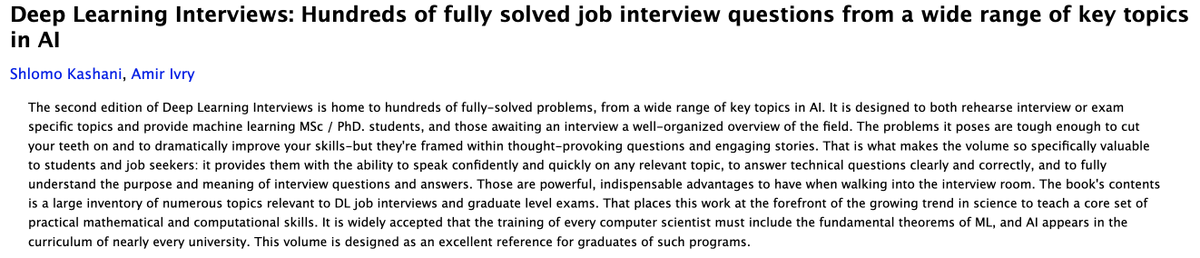 Deep learning interviews: hundreds of fully solved job interview questions w/range of key topics in AI: bit.ly/3eTJazN

credit <a href="/tunguz/">Bojan Tunguz</a>