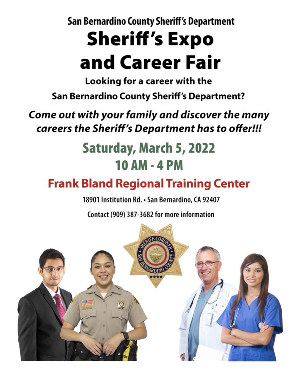 SBCSDdgarcia's tweet photo. The @sbcountysheriff Sheriff’s Expo and Career Fair is set for March 5‼️You can apply for jobs on site and speak with recruiters (not only sworn positions, but RN,LVN,Dispatch, Maintenance and more). There will b displays and demonstrations from SWAT and others. Families welcome! https://t.co/w8SaSwkOjM