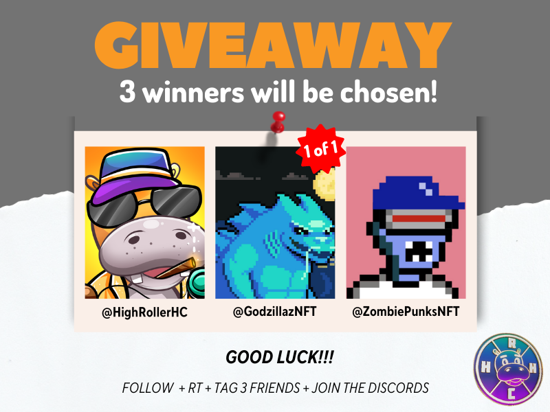 highrollerhc's tweet photo. 🚨#Giveaway🚨
1x Gold Hippo
1x Godzilla 1 of 1 NFT
1x Zombiepunk
To Enter:
1️⃣ Follow 
@GodzillazNFT
@HighRollerHC
@zombiepunksnft
2️⃣ RT+ ♥️ + Tag 3 Friends 
3️⃣ Join Discords:
https://t.co/1UT7m6lWS5
https://t.co/jt82ZvJgm4
https://t.co/ZsWb1e04p2
*3 winners chosen in 48 hrs* https://t.co/MiaRewTMYC