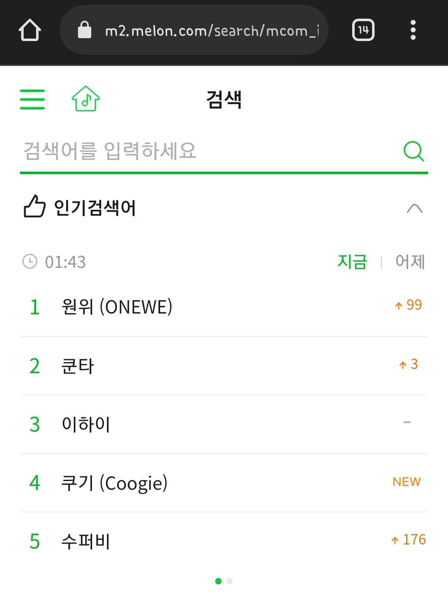onewe_duck's tweet photo. (1/6/22 - 1.43AM) 멜론 실검 원위 1위!!! 😭
.
ONEWE is 1st on Melon realtime search!!
#ONEWE_ARE_IN_THE_STARS
#ONEWE #원위 #STAR #별
@official_ONEWE https://t.co/9xg1isGH5K