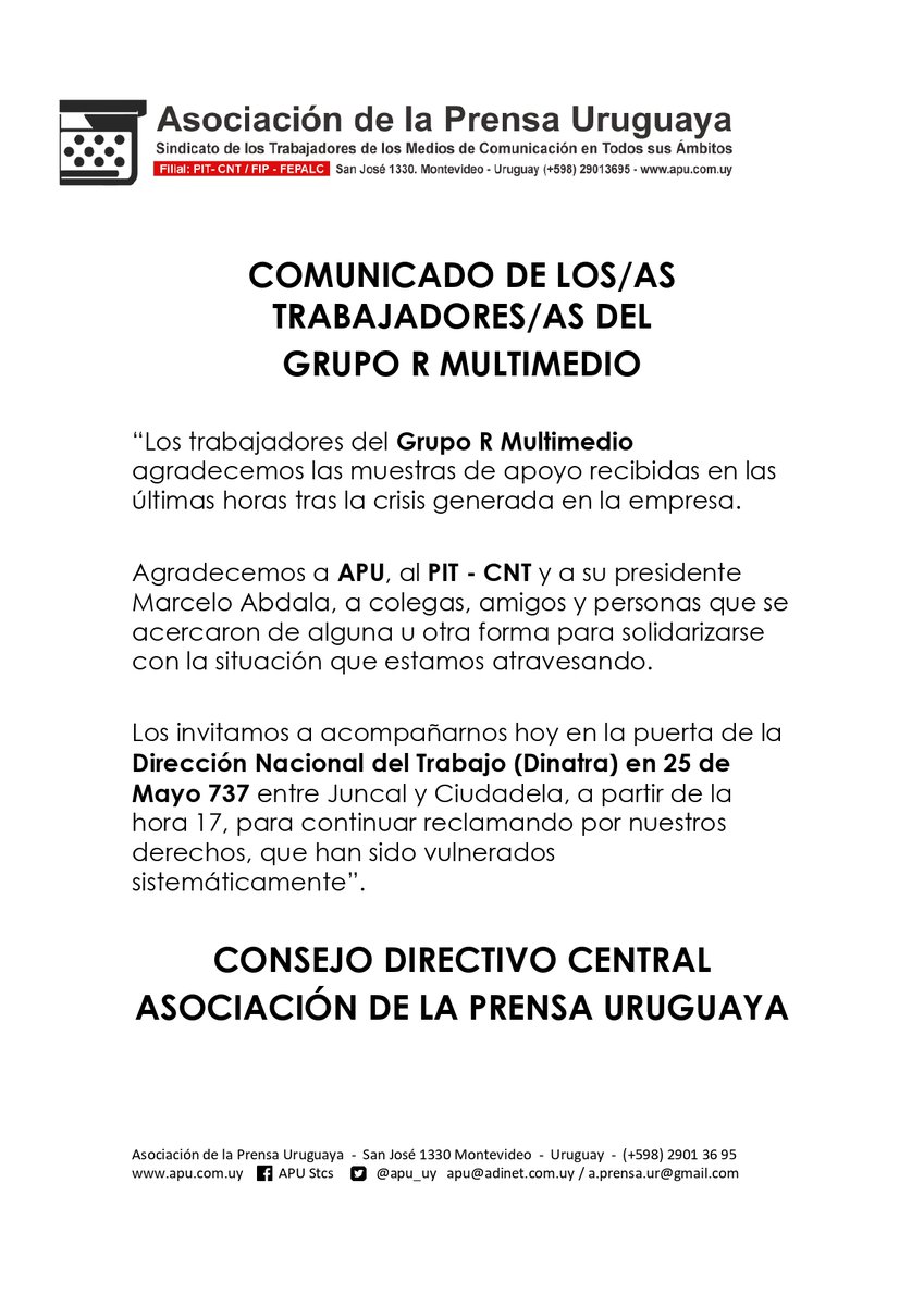 Compartimos comunicado enviado por los compañeros/as del Grupo R Multimedio. Invitamos además a acompañarlos hoy en la instancia tripartita ante la Dinatra. <a href="/PITCNT1/">PIT CNT</a> 
<a href="/facardozo/">Fabian Cardozo</a> Presidente @SindicalesUy Rody Olivera, Sec. Gral. <a href="/jalfo09/">Javier Alfonso</a> Pres. Consejo de Sector Prensa