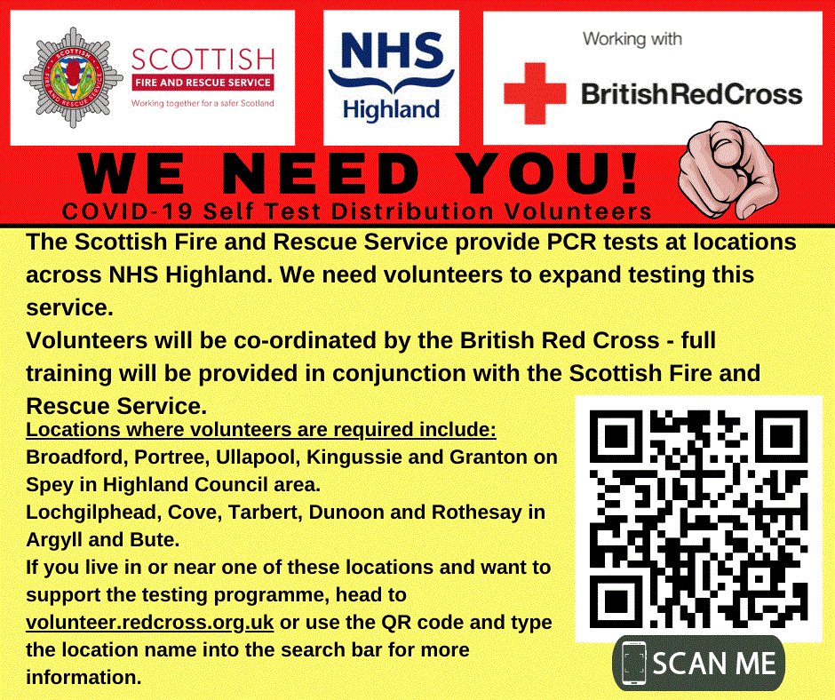 SFRS helps keep communities safe by delivering Covid testing at some of our Fire Stations. If you can help in Highland at Broadford, Portree, Ullapool, Kingussie or Grantown then head to volunteer.redcross.org.uk or scan the QR code. Thank you 👍🚒
