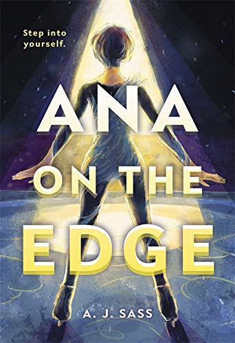 The book cover for ANNA ON THE EDGE. It is a picture of a nonbinary kid in a figure skating costume on the ice, with a spotlight shining down on them.