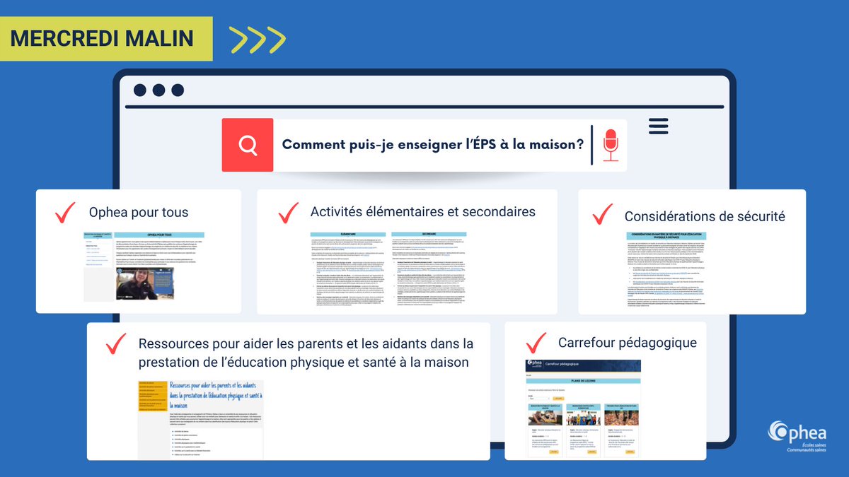 2/2 Jetez un coup d’œil aux ressources d’ÉPS pour la maison d’Ophea qui ont été conçues pour offrir des ressources pédagogiques qui sont fondées sur le programme-cadre et qui favorisent le développement. 
bit.ly/3t0ex3K 
#MercrediMalin #ApprentissageVirtuel #ÉPSàlaMaison