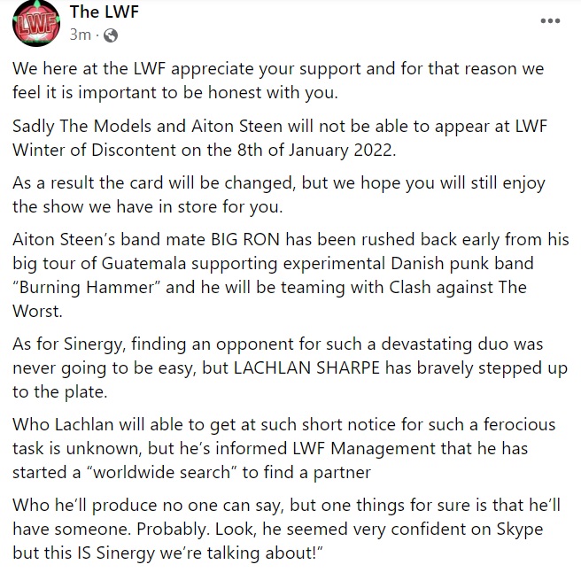 Card Changes for Saturday - We appreciate your  support and look forward to seeing you <3 #LWFFans #WinterofDiscontent #Saturday