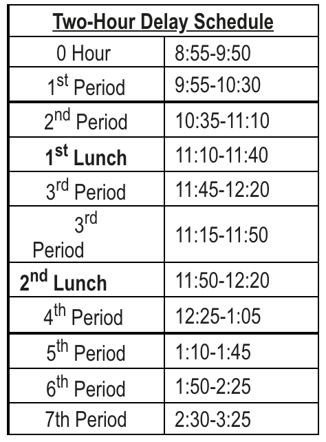 Corrected two-hour delay schedule for Wednesday, January 5.   #WRH #FalconStrong