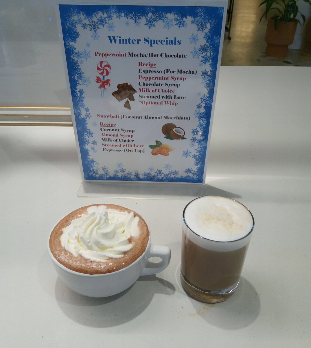I hope everyone had a wonderful Christmas and New Year's! The perch is back to bring you specials for the winter season! Come try our peppermint mocha/hot chocolate and Snowball (coconut almond macchiato)!