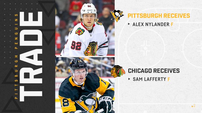 Trade graphic: Penguins get Alex Nylander and Chicago receives Sam Lafferty.