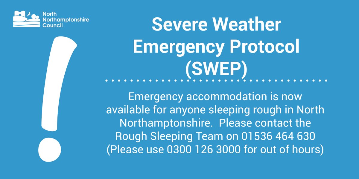 NNorthantsC's tweet photo. We are offering all known rough sleepers in the area emergency accommodation due to the cold weather conditions tonight so they have somewhere safe and warm to stay. If you see someone sleeping rough in this cold weather please contact us on 01536 464630 or 0300 126 1000. https://t.co/z6hN7ghAXE