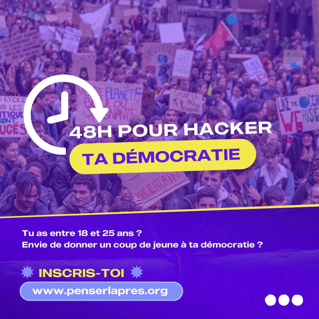 Hack ta #démocratie avec <a href="/PenserLapres/">Penser L'après...</a> !😱 
Tu as entre 18 et 25 ans ? Tu es dispo les 22 et 23 janvier à Paris ? C’est le moment d’agir pour faire entendre les voix des jeunes dans la course à la #presidentielles2022 💪 

RDV ici pour en savoir + 👉 penserlapres.org