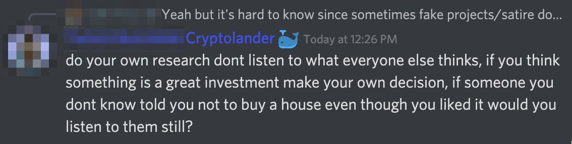 Discord message from "Cryptolander": do your own research dont listen to what everyone else thinks, if you think something is a great investment make your own decision, if someone you dont know told you not to buy a house even though you liked it would you listen to them still?