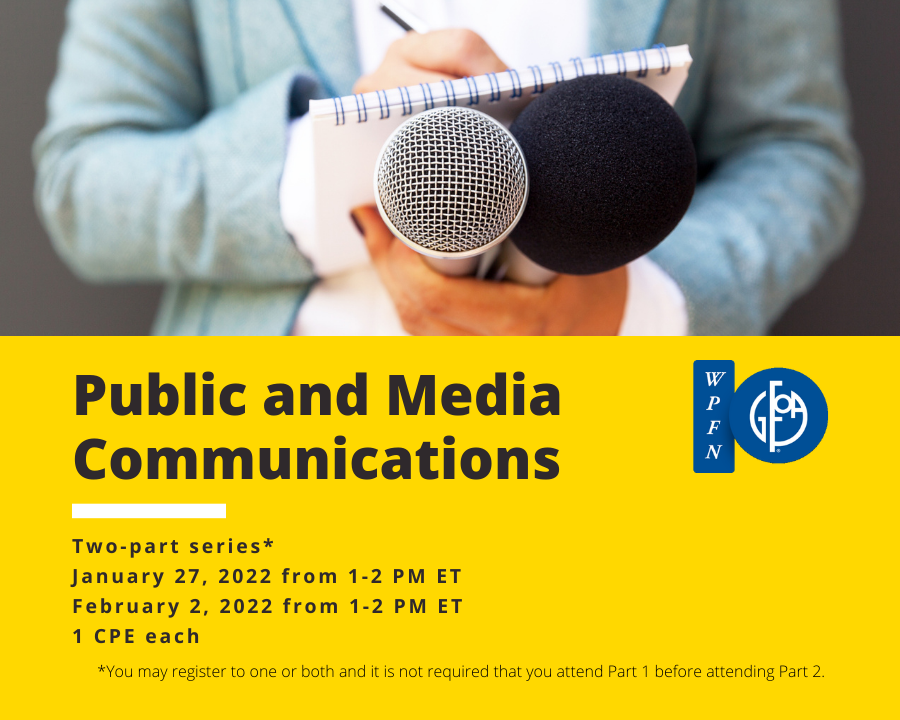 WPFNGFOA's tweet photo. Are you a #localgov #publicfinance pro looking for tips on public and media communications? Join #WPFN on 1/27 and 2/2 as @PIOPro share how to develop and deliver key messages and how to effectively respond when the unexpected hits your office. https://t.co/neoLJcJbiL #GFOA https://t.co/Tm68y4cXxA