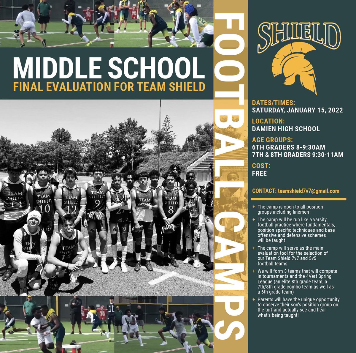 Team Shield 7v7 (@teamshield7v7) on Twitter photo We will be hosting our final evaluation camp on Saturday 1/15 at Damien High School!
6th graders - 8-9:30am
7th and 8th graders - 9:30-11am
For more information or if you have any questions email us at: teamshield7v7@gmail.com We will be hosting our final evaluation camp on Saturday 1/15 at Damien High School!
6th graders - 8-9:30am
7th and 8th graders - 9:30-11am
For more information or if you have any questions email us at: teamshield7v7@gmail.com
