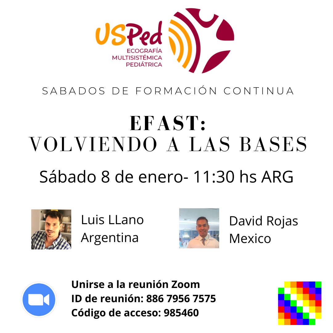 Sábados de #POCUS:
"E-#FAST Pediátrico" 🔊👦🏥

Tema dual con <a href="/MedCritPed/">Medicina Crítica Pediátrica</a> 🇲🇽 y <a href="/LuisLLano_PICU/">Luis LLano López</a> 🇦🇷 médicos de #PedsICU que nos comentarán:
¿Funciona?
¿Cómo se hace?
¿Tips para realizarlo?

Sábado 08/01
🇦🇷🇧🇷🇨🇱🇵🇾🇺🇾 11:30
🇧🇴🇻🇪 10:30
🇨🇴🇪🇨🇵🇪 09:30
🇭🇳🇲🇽 08:30
🇪🇸 15:30

¡Insonar juntos!