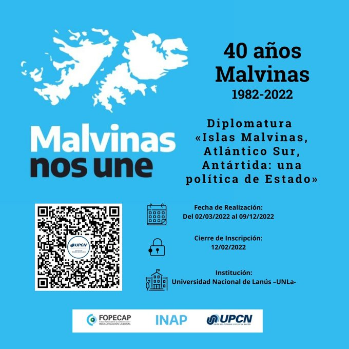 UpcnInti's tweet photo. Diplomatura "Islas Malvinas, Atlántico Sur, Antártida: Una política de Estado".
Inscripción - Fecha de realización - Institución. https://t.co/zVatPu4jus