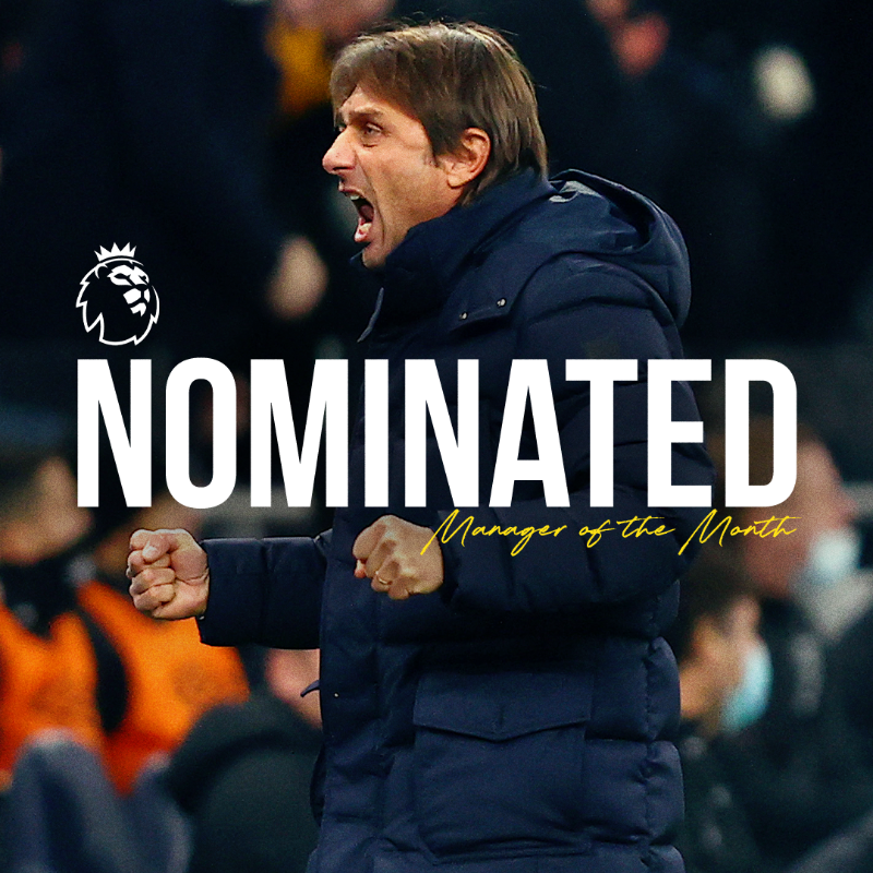 SpursOfficial's tweet photo. Congratulations, boss. 👊

Antonio Conte has been nominated for December's @PremierLeague Manager of the Month award! 🏆