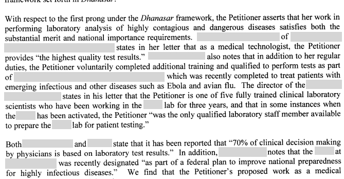 David_J_Bier's tweet photo. USCIS's absurdly high "national interest" standard denied a waiver in 2018 to a clinical lab scientist working with highly contagious diseases. The applicant was sometimes the "only qualified lab staff member to prepare the lab for patient testing."  https://t.co/NzbdRIinsJ https://t.co/wUQHexoEk5