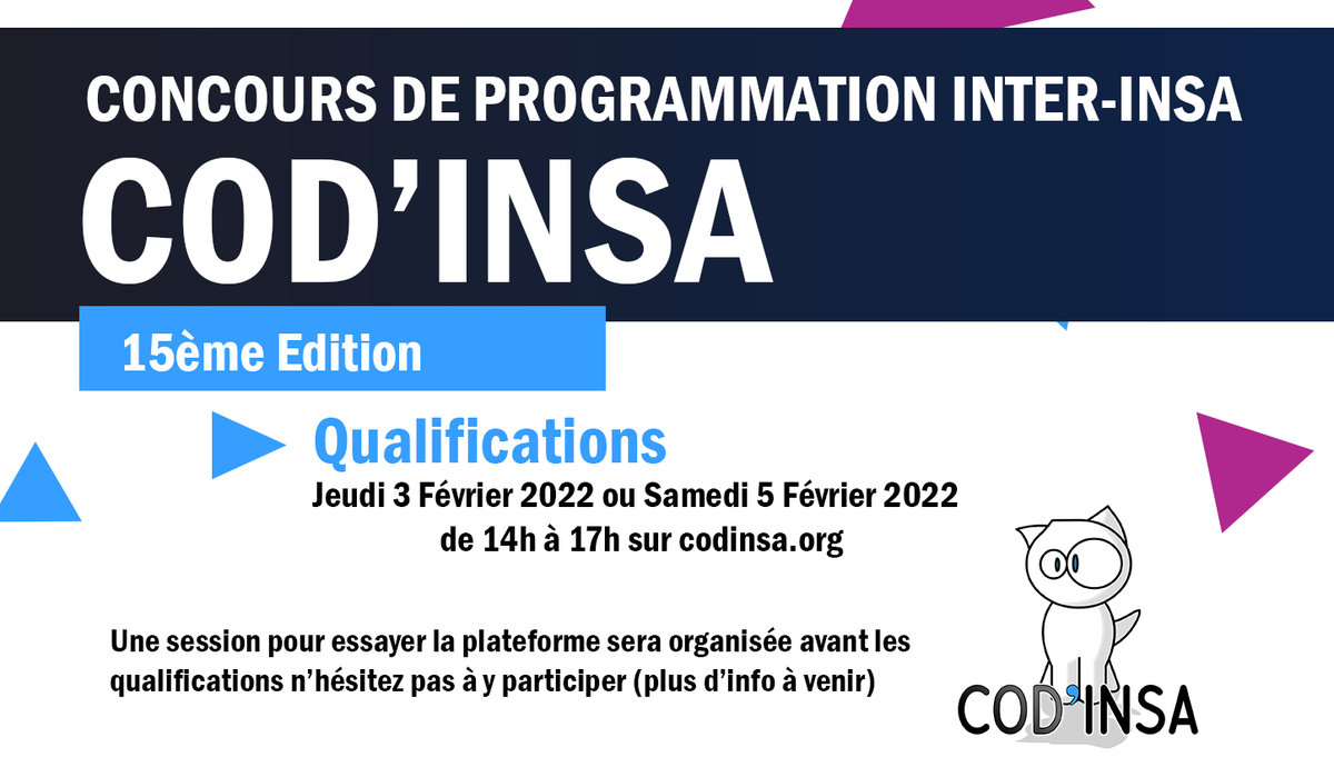 codinsa's tweet photo. 📅SAVE THE DATE📅
Les qualifications de Cod’INSA auront lieu les 3 et 5 Février de 14 à 17h en distanciel😷
Une hotline technique sera toutefois assurée et l’ambiance sera au rendez-vous🚀
Inscrivez-vous sur https://t.co/D1dSDz21Ms, vous pouvez choisir votre session !
#codinsa https://t.co/t4qJ2h660Z