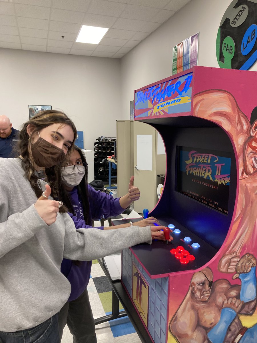 tonydonen's tweet photo. It was awesome to see students back @STEMcha today to start the spring semester. Getting back to work! What kinds of things can they do? Well here are some amazing juniors who built and made this street fighter arcade game this fall. #iwishyougoodluck https://t.co/uw9YQcUffM