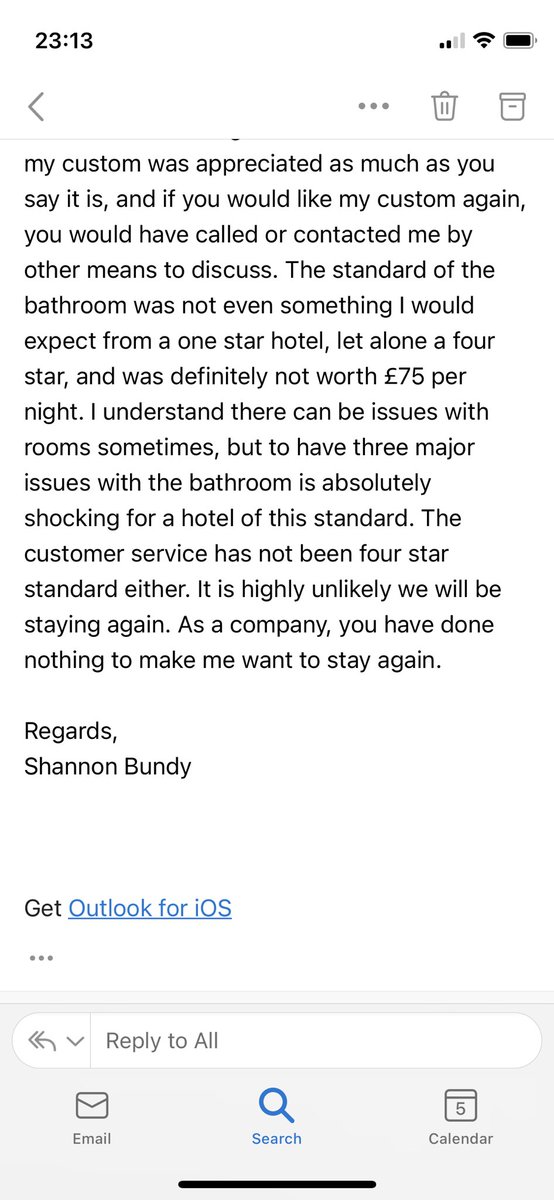 ShannonBundy's tweet photo. @bestwestern imagine I sent this email on 01/11/21 and still haven’t had a response. The room was diabolical and the customer service was just as bad. Wouldn’t recommend the Croydon Aerodrome to anybody based on this awful experience. Was also promised a refund but still nothing! https://t.co/HSeAzJABIu