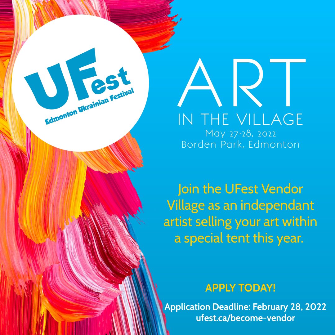 UFestyeg's tweet photo. Привіт усім!👋🏼Calling ALL artists - Ukrainian and non-Ukrainian to join us in UFest Village in May!🎨🎭👩‍🎤
New this year, you are more than welcome to join the Vendor Village as an independent talent selling your artwork.
Link to apply https://t.co/WTMguqVwLM Deadline is Feb 28!✌🏼 https://t.co/fRkNTyTra8