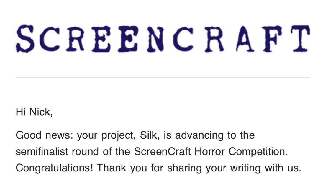 Thank you <a href="/screencrafting/">ScreenCraft</a> for my feature horror #Silk advancing to the semifinals! I’m pumped. 🕷🕸👻 #screenwriting