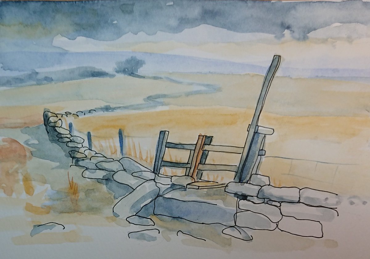SAOCousins's tweet photo. #artDD2022 no 5
A very loose interpretation of @pauljwillson 📸 #Dartmoor
I wish I could pass that #stile
#naturedrawings #Watercolour
#landscape #stormhour #3colours 
@CobbinSteve1 https://t.co/XAqOVS8bdL
