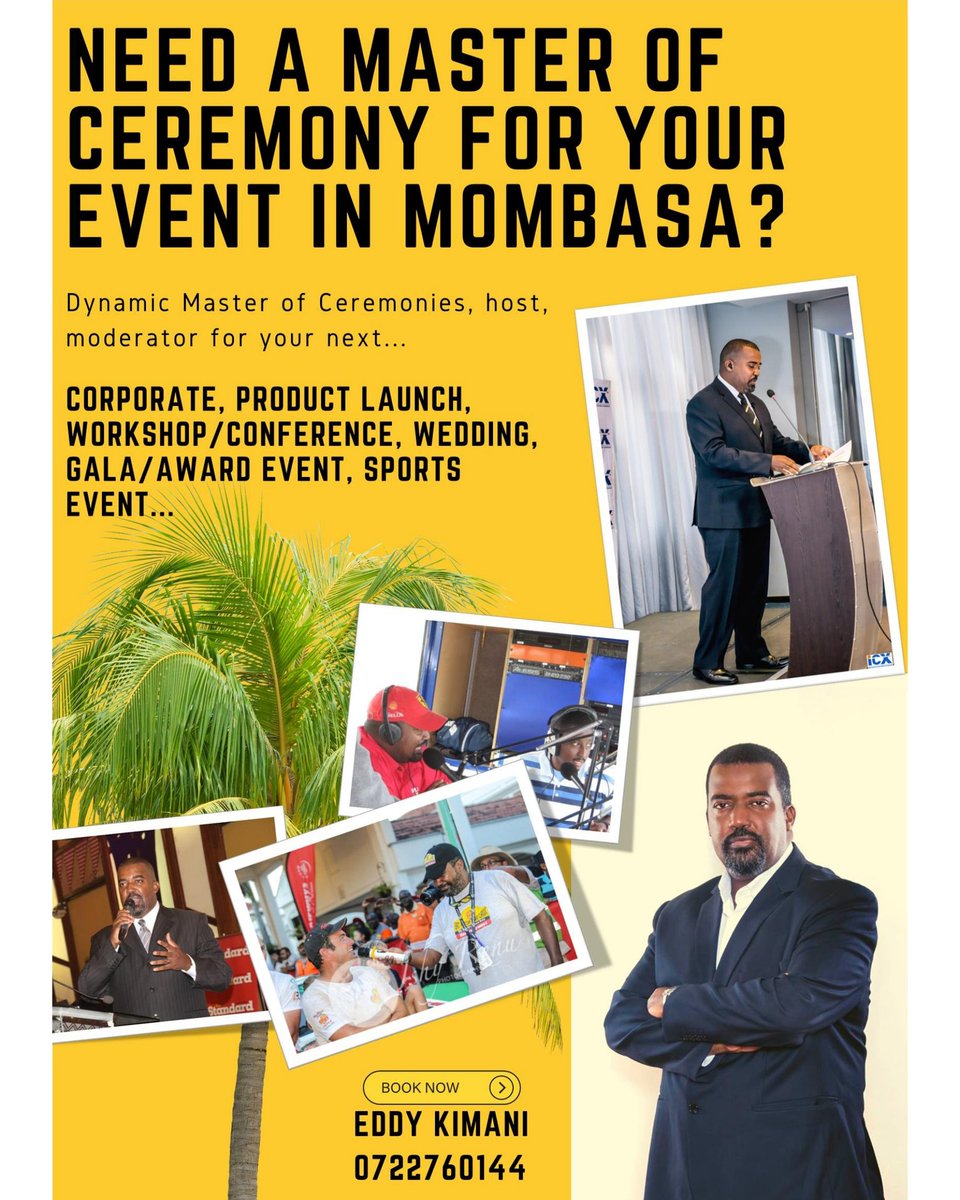 Eddykimani's tweet photo. Jambo.
Is your upcoming event set for Mombasa? Well with me now based here in this beautiful coastal city, i would be eager to collaborate with you and host your event when the need for a dynamic master of ceremony will come up. Give me a call and we can start that conversation. https://t.co/SwRTgRFUC5
