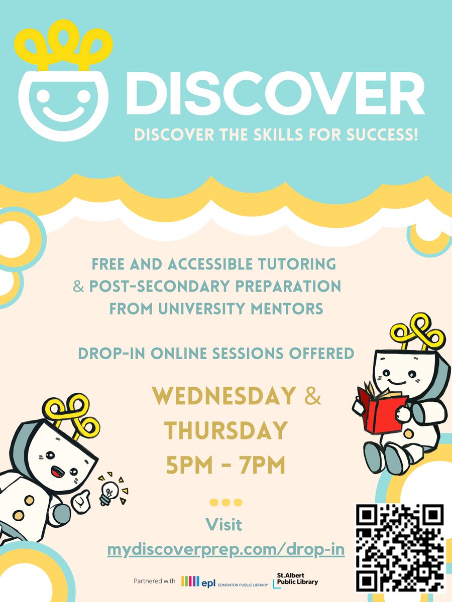 mydiscoverprep's tweet photo. In need of academic support? Students in Gr. 7-12 can join us at DISCOVER (partnered w/ @EPLdotCA &amp; @StAlbertLibrary) for free virtual tutoring sessions Wednesdays and Thursdays, 5-7PM, every week! #yeg https://t.co/c3PiWhpMv7 https://t.co/aMeq30gT1L