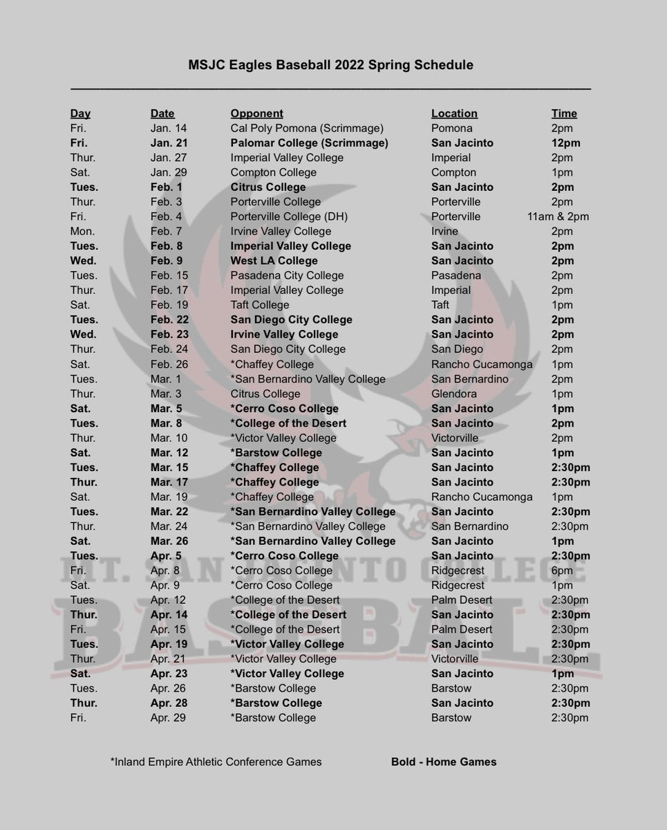 MSJCBaseball's tweet photo. 2️⃣0️⃣2️⃣2️⃣ 𝑀𝒮𝒥𝒞 𝐵𝒜𝒮𝐸𝐵𝒜𝐿𝐿 𝒮𝒞𝐻𝐸𝒟𝒰𝐿𝐸

It’s here! A look at your Eagle’s 42-game season! 🦅🗓

See y’all at the field! 
#YOTE https://t.co/Bdp7fYn2xK