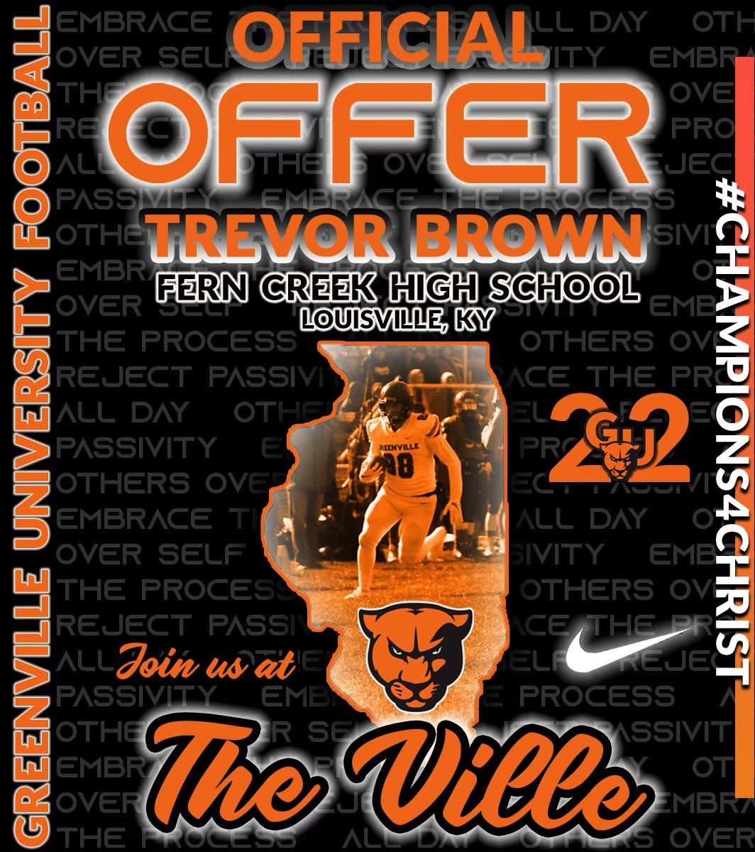 I am blessed to announce that I have received an official offer to play football at Greenville University! ⚫️🟠 <a href="/EMAPFootball/">Greenville University Football</a> <a href="/CoachTreyStille/">Coach Stille</a> <a href="/CoachJoshAbell/">Joshua Abell</a> <a href="/Coach1Tyme/">Ryan T. Montgomery™️</a> <a href="/FernCreekFB/">Fern Creek Football</a>