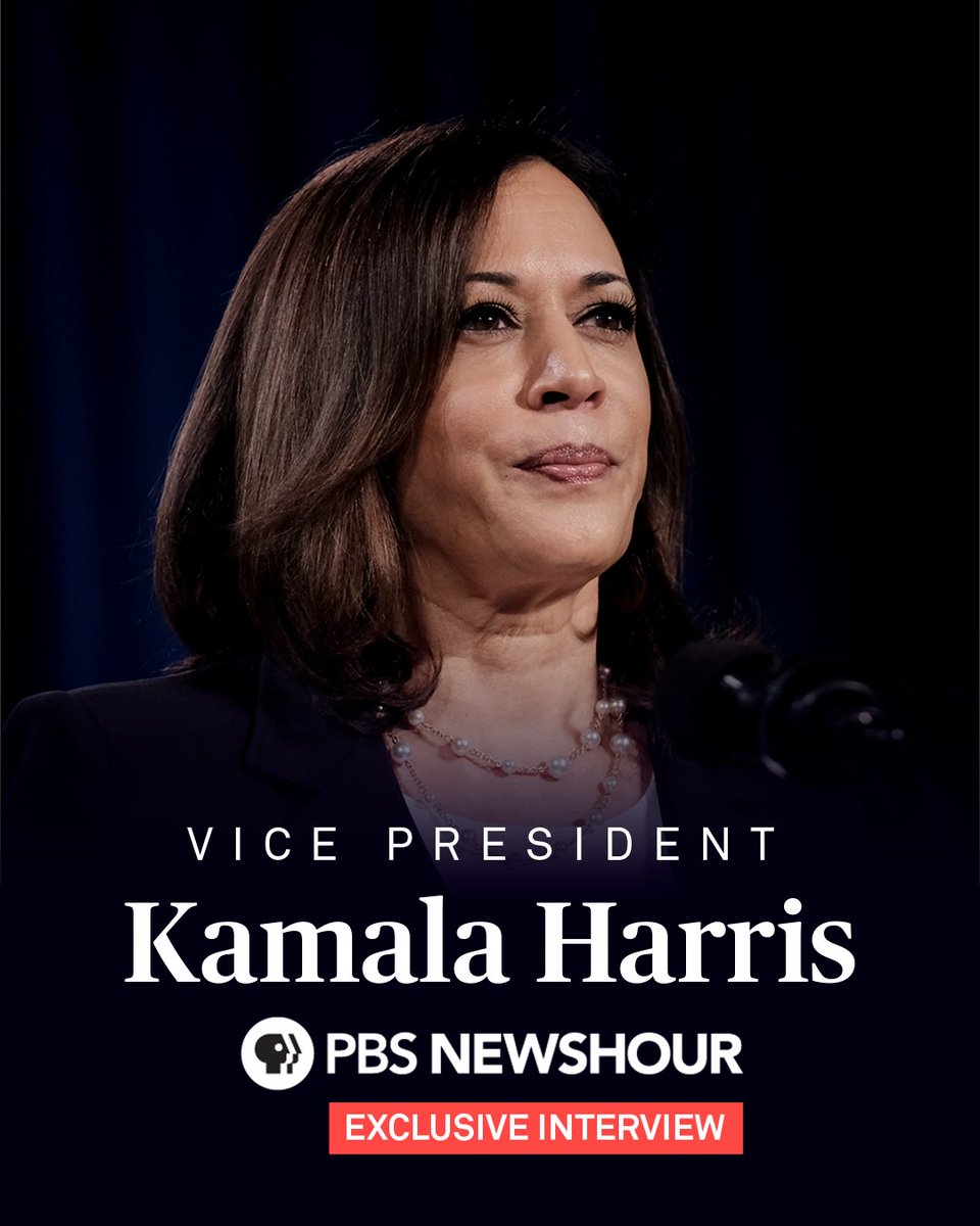 An image of Vice President Kamala Harris with "PBS NewsHour exclusive interview" at the bottom