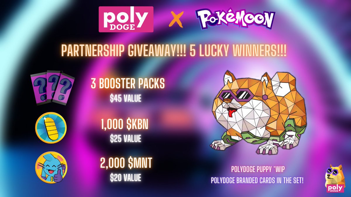 PolyDoge's tweet photo. PolyDoge 🐶🚀 Fam! 

🚨This is not a drill! 

We're officially partnering with @PokeMoonDeFi in a significant capacity! 🎉🎉🎉

🥳To celebrate we're giving away 3 booster packs, 1k $KBN and 2k $MNT to 5 lucky winners! 

✅ You have 72 hours to Enter here: 
https://t.co/nnv7lBjdTD https://t.co/PHzb0z95Hq