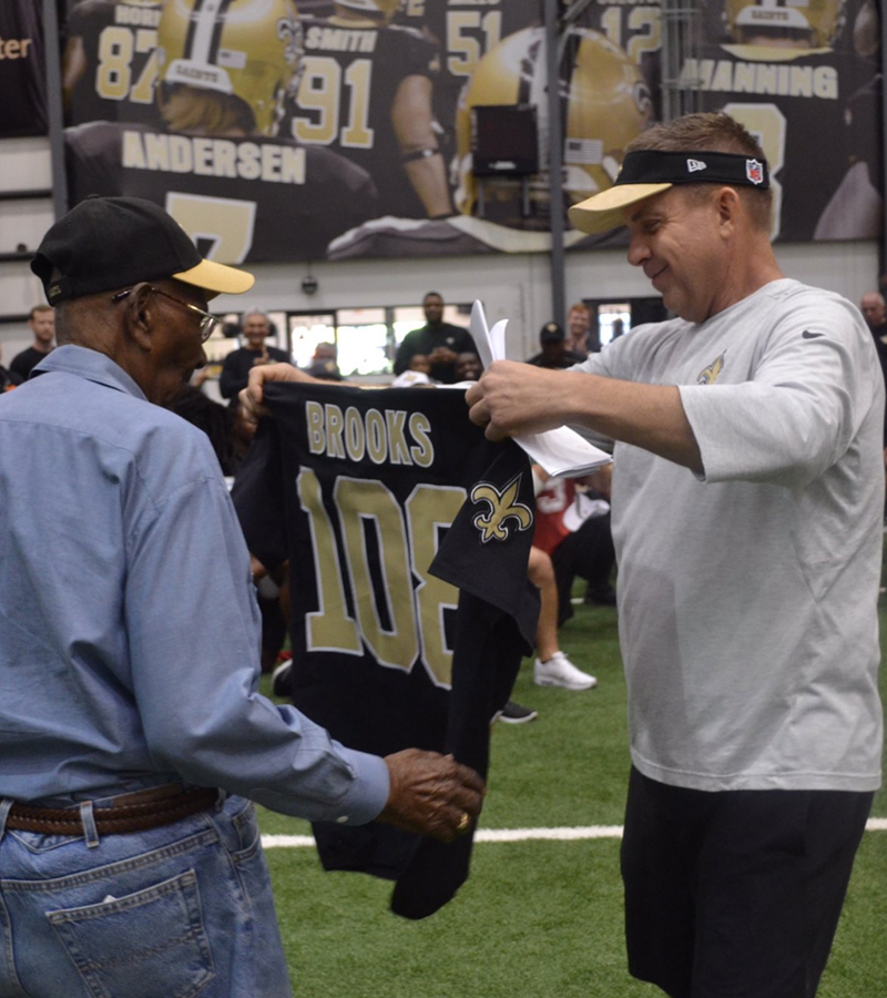 Saints's tweet photo. Gayle Benson and the entire New Orleans Saints family are saddened to hear of the death of Lawrence Brooks.
 
The 112-year-old was the oldest known U.S. veteran.
 
He was a hero to us and a great supporter of our city and team 🙏 https://t.co/0999URzjpE