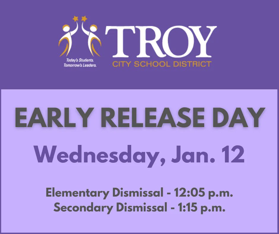 TCSD's tweet photo. REMINDER: Early Release Day next Wednesday, January 12. Elementary Dismissal at 12:05 p.m. and Secondary Dismissal at 1:15 p.m. https://t.co/h6Ze2VpW0C