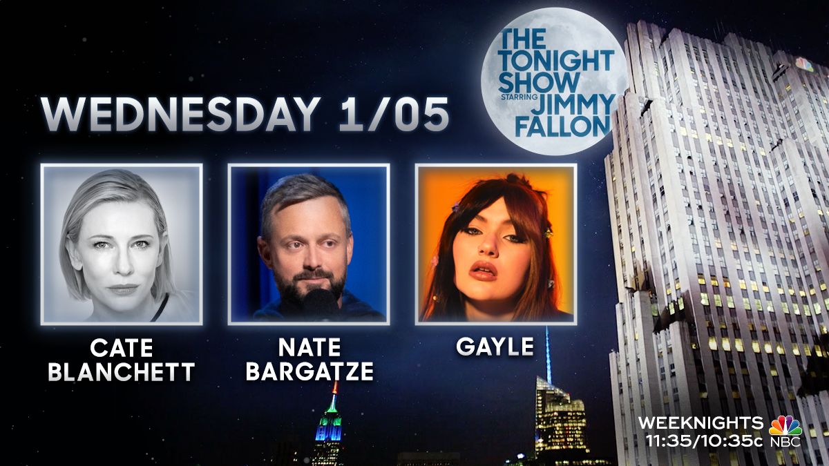 FallonTonight's tweet photo. New show tonight!
🎉 Hashtags: #MyResolutionInSixWords
🎞️ Cate Blanchett
😆 @natebargatze
🎤 Talk + performance from @whoisgayle
#FallonTonight https://t.co/xVfN47viQo