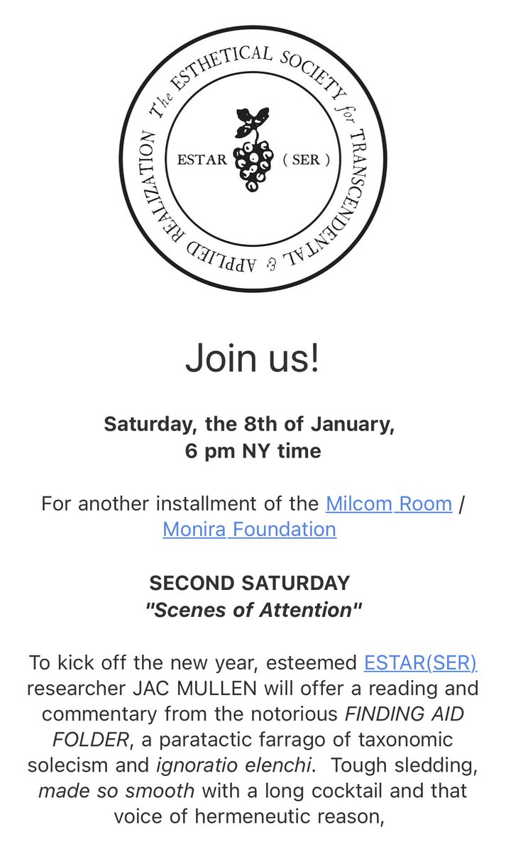 estheticalsoc's tweet photo. Join us! Saturday, Jan 8, 6 pm ET for another installment of the Milcom Room / Monira Foundation SECOND SATURDAY "Scenes of Attention.” Esteemed ESTAR(SER) researcher JAC MULLEN will offer a reading and commentary from the notorious FINDING AID FOLDER. https://t.co/4BGPxjMCY1 https://t.co/rVoTGPpg4y